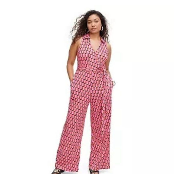 DVF Women's Collared Sleeveless Pink Modern Geo Jumpsuit - Picture 3 of 6
